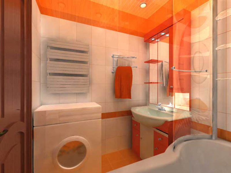 Ванная комната может быть оформлена в ярких тонах.