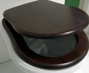 Крышка и сиденье для унитаза коричневого цвета.
